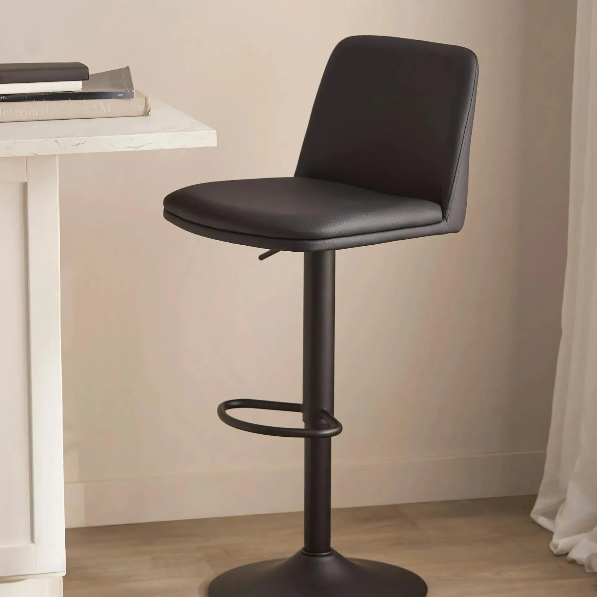 Hot Bouclair Black Faux Leather and Metal Bar Stool