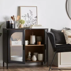 New Bouclair Black Wooden Buffet with Glass Doors