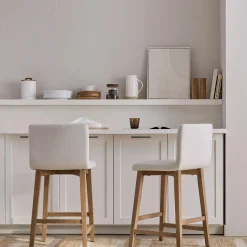 Hot Bouclair Fabric and Natural Wood Bar Stool