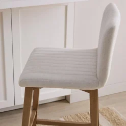 Hot Bouclair Fabric and Natural Wood Bar Stool