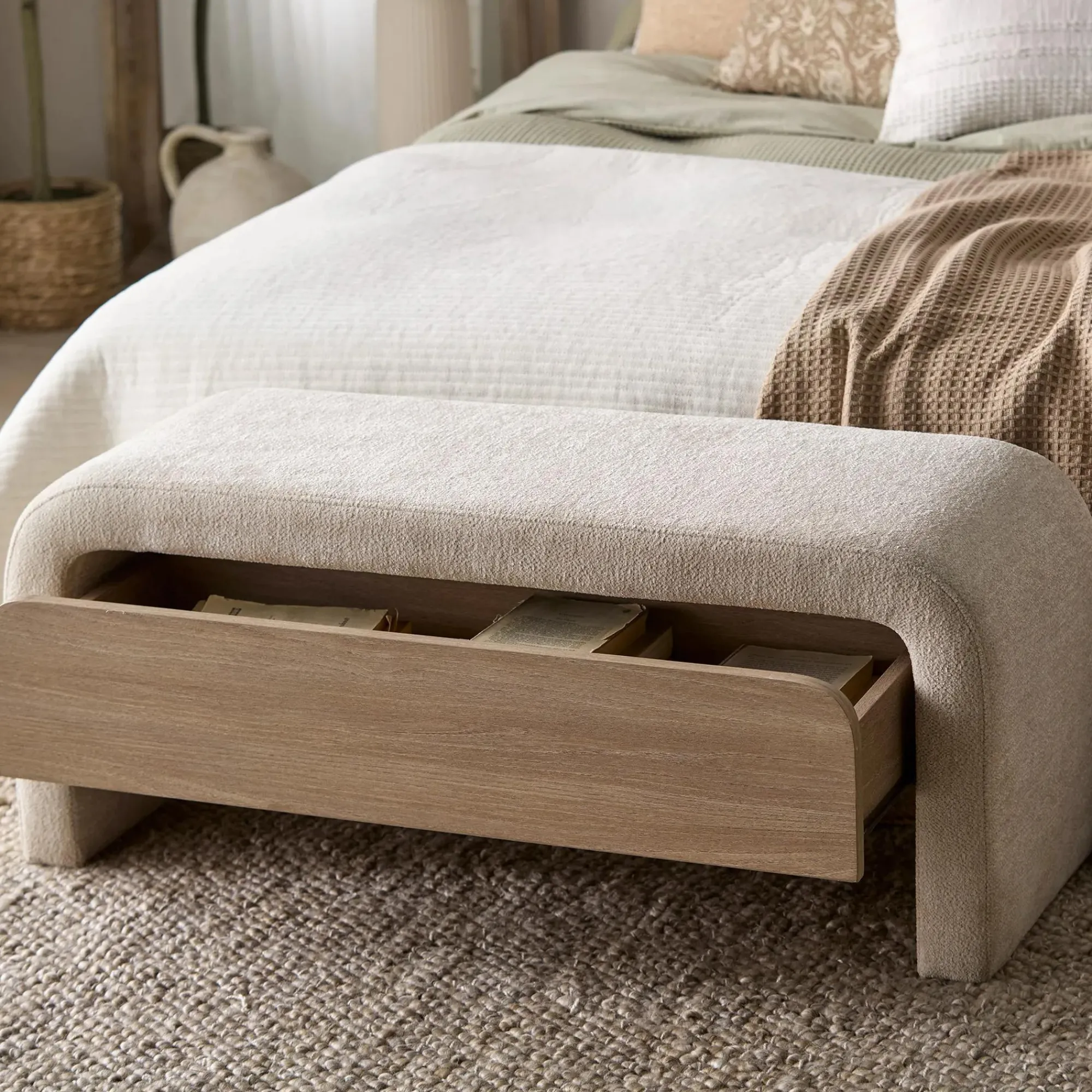 Sale Bouclair Fabric and Wood Bench with Storage