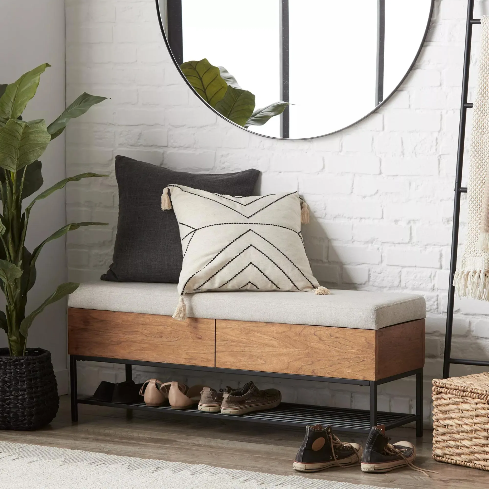 Discount Bouclair Fabric Wood and Metal Storage Bench with Shoe Rack