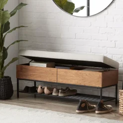 Discount Bouclair Fabric Wood and Metal Storage Bench with Shoe Rack