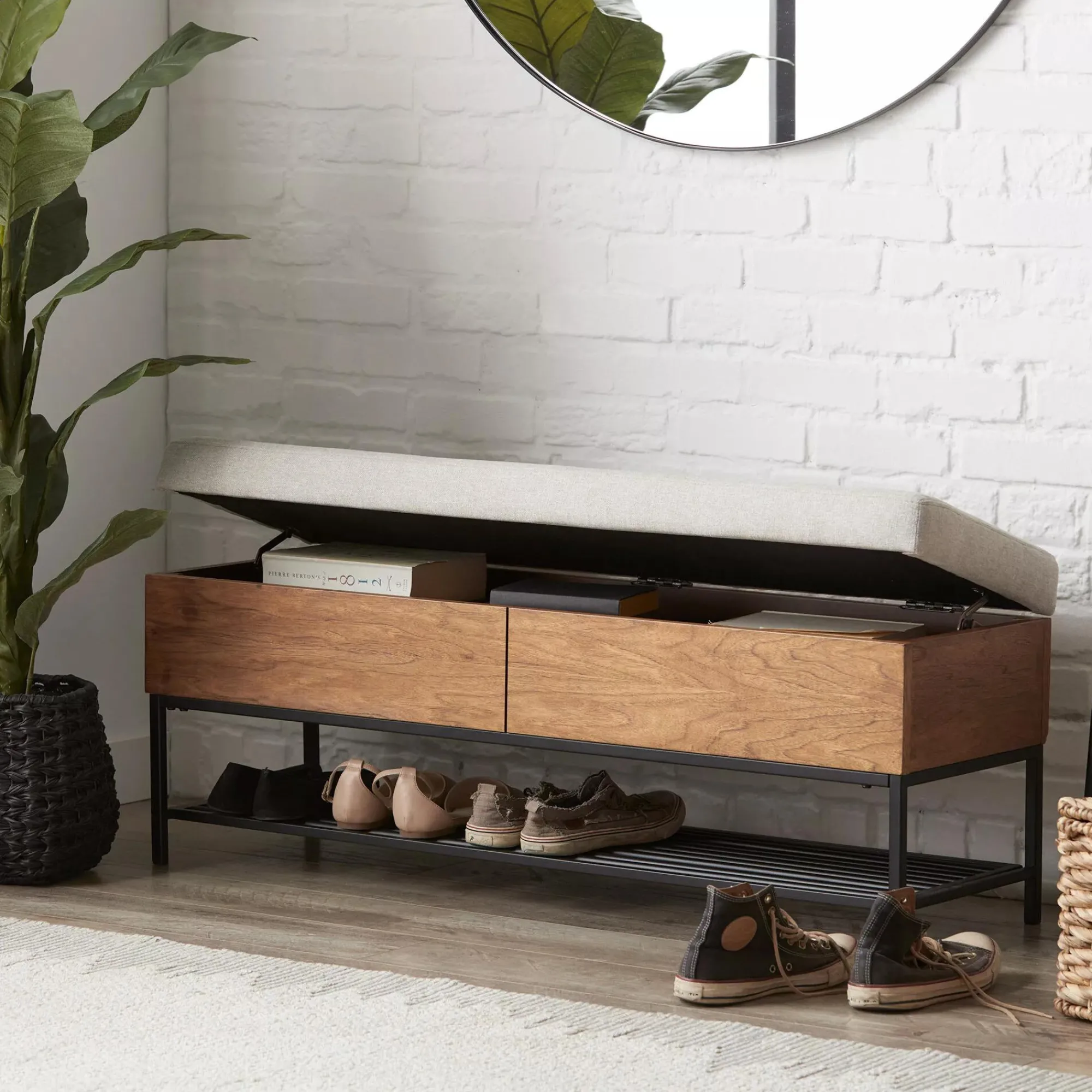 Discount Bouclair Fabric Wood and Metal Storage Bench with Shoe Rack