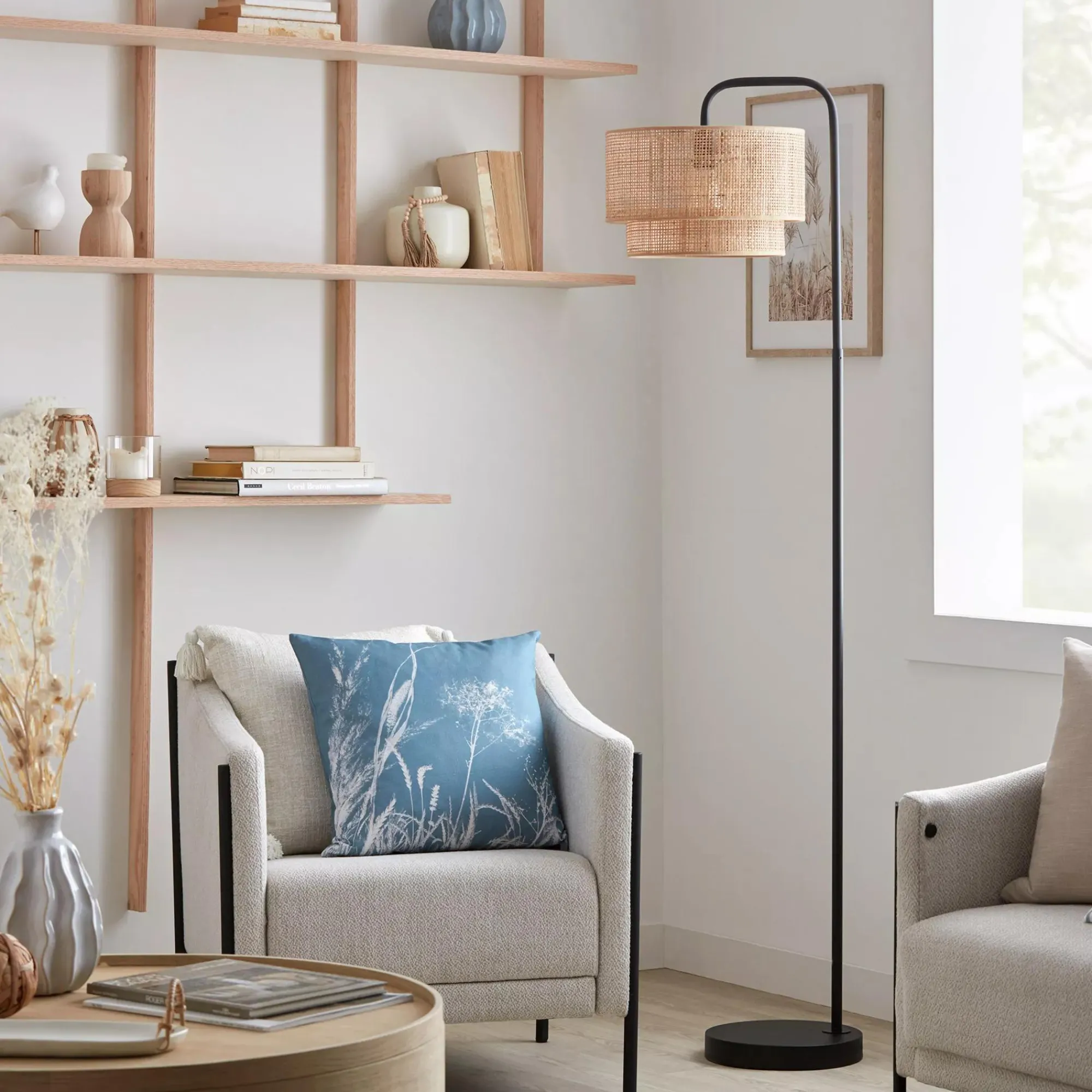 Clearance Bouclair Floor Lamp with Rattan Shade and Metal Base